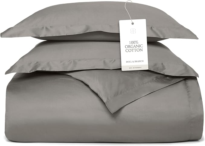 BOLL & BRANCH Signature Hemmed Duvet Set - Twin/Twin XL, Stone - Luxury 100% Organic Cotton - 1 Duvet Cover, 2 Shams - Buttery Soft, Hidden Closures
