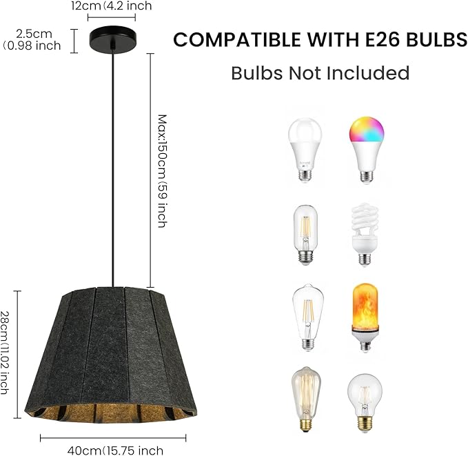 Pendant Light with Felt Lampshade, Modern Hanging Lamp Fixture, DIY Acoustic Pendant Light Chandeliers for Kitchen Island, Living Room, Dining Room, Bedroom, Office (D15.7"x11")
