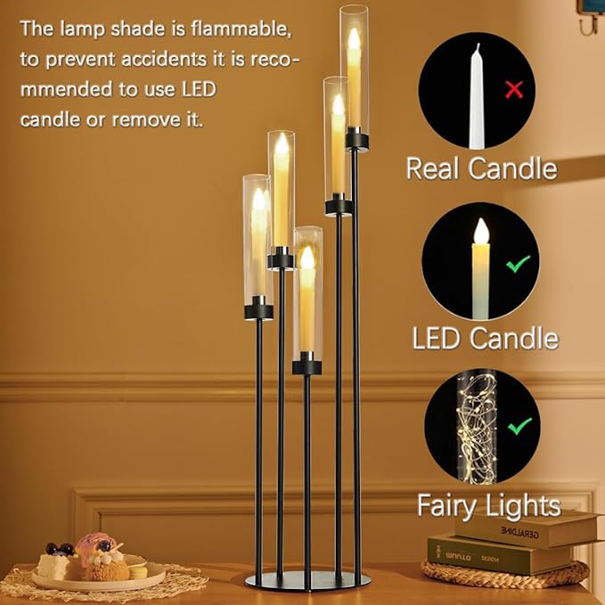 39.8''Matte Black Candle Holder with Acrylic Shades Tall 5 Arm Candelabra Black Table Centerpiece for Wedding Living Dining Room Fireplace Decoration Fit 0.98''LED Taper