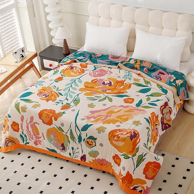 Boho Throw Blanket for Bed 100% Cotton Ultra Soft Rustic Quilt Fall Blanket Bird Floral Printed Farmhouse Decor Bed Blankets,80"×90" All Season Rustic Throw for Sofa Couch Chair