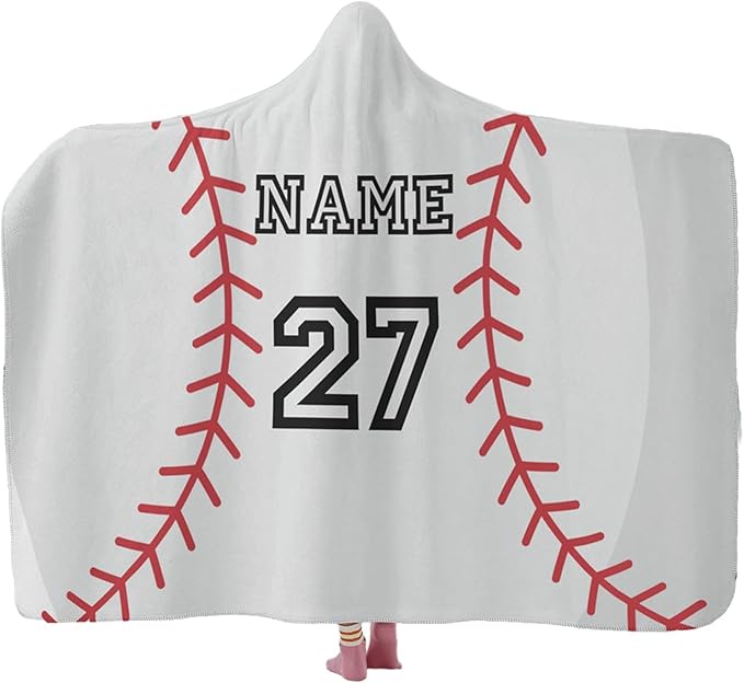 Personalized Baseball Hooded Blanket Custom Hooded Fleece Blanket with Name Softball Wearable Throw Blanket University Team Blanket Gift for Sports Fans Kids Women Adult Christmas, White