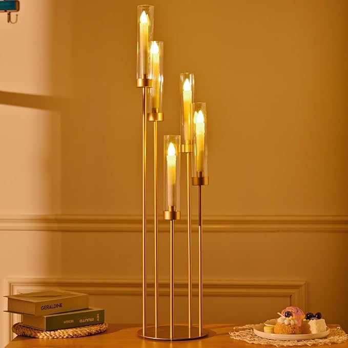 2PCS Gold Floor Candelabra,5 Arm Candle Holder Tall Floor Candle Holder with Acrylic Lampshade for Wedding Table Birthday Party Home Decoration Fit LED Taper Candles