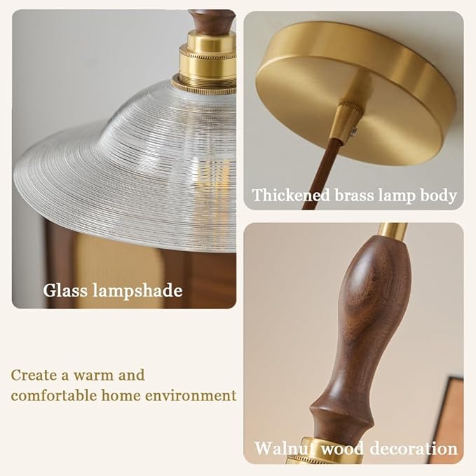 French Clear Disc Glass Hanging Lamp Vintage Wood Decorate Hanging Light 7.9in Golden Metal Base Hanging Lights with E26/E27 Base for Kitchen Home Island Bedroom