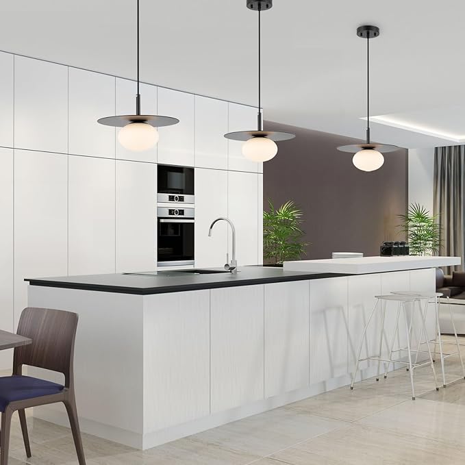 Modern Globe Pendant Lighting Set of 2 Milky White Glass Shade Matte Black Farmhouse Pendant Light 11.81" Dome Industrial Hanging Ceiling Light Fixture Kitchen Island Dinning Room Bedroom
