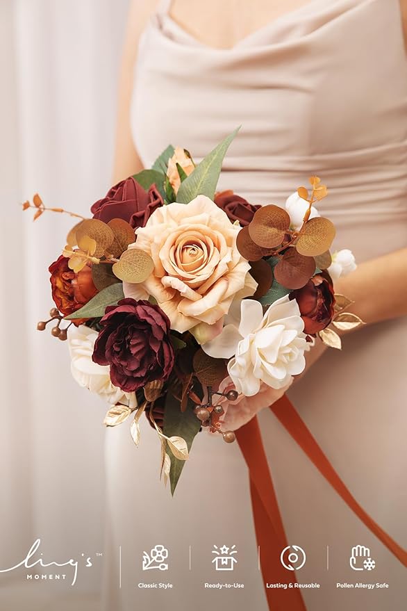 Ling's moment Terracotta Bridesmaid Bouquet Burnt Orange Wedding Bouquets for Bridesmaids 7 Inch Bridal Bouquets for Bridesmaids Rust Wedding Decor Ceremony Anniversary Homecoming
