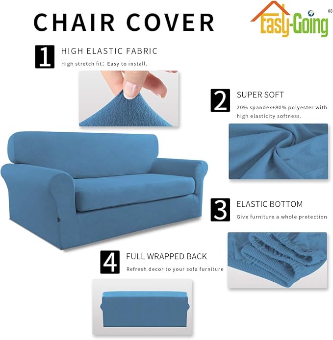 Easy-Going 2 Pieces Microfiber Stretch Sofa Slipcover – Spandex Soft Fitted Sofa Couch Cover, Washable Furniture Protector with Elastic Bottom Kids, Pet (Loveseat, Light Blue)