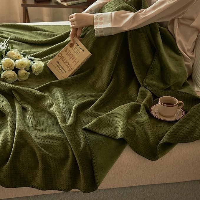 Luxury Super Soft Milk Flannel Velvet Waffle Weave Bed Twin Blanket for Couch Sofa Travel Picnics - Pet Cats Feeling - Nordic Modern Aetec Style - Lightweight Cozy Fluffy Comfy - Olive Green 60"x80"