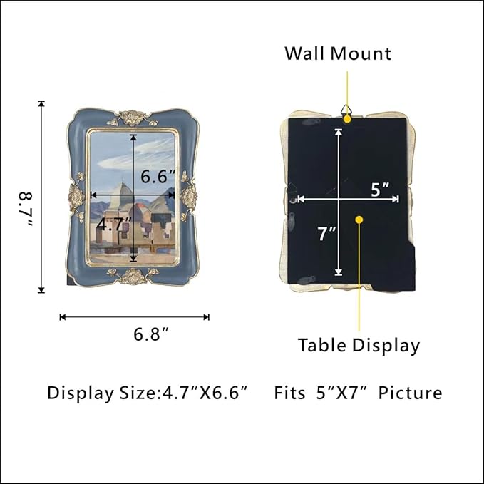 WINPLUS+ Vintage Picture Frame 5x7, Wall Mount and Tabletop Display, Art Gallery Gift (Blue and Gold 5x7)
