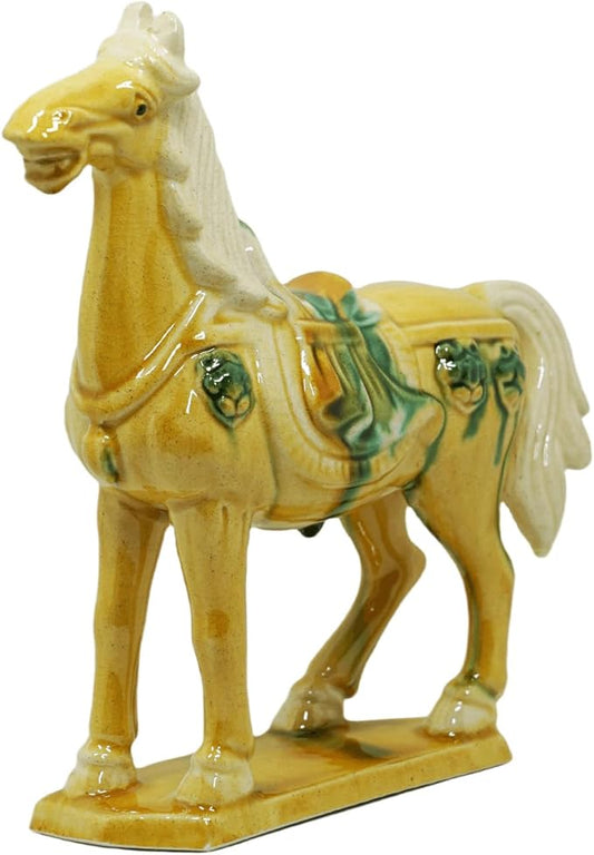 Handmade -Tang Dynasty Tri-Color Horse Sculpture Ceramic Horse-19cm Cultural Art Piece for Home,Bookcase or Office Decor (Yellow)