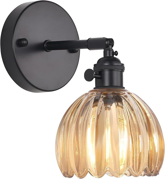 Vintage Wall Sconce with Cute Amber Tulip Glass Lampshade 180 Degree Adjustable Black Sconce Hradwired Modern Wall Lighting Fixture with Switch for Bedside Bedroom Doorway