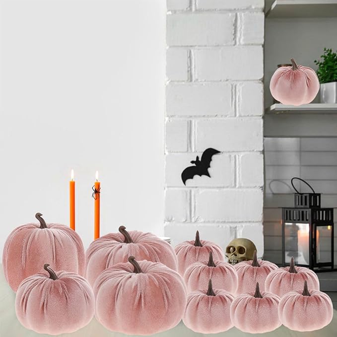 12 Pcs Artificial Velvet Fake Pumpkins Sets Halloween Thanksgiving Wedding Handmade Foam Autumn Centerpiece Kitchen Decoration Light Pink