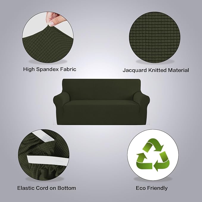 H.VERSAILTEX Stretch Couch Covers for Sofa 1 Piece Slipcovers for Couches and Sofas 3 Seater Couch Cover Feature Thick Checked Jacquard Fabric with Elastic Bottom(Large Sofa 90"-100" Wide, Olive)