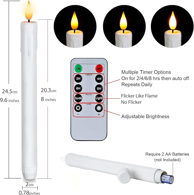 Homemory 24 Pcs Plastic Flameless Taper Candles with Remote Timer Dimmer, White Taper Candles Battery Operated with Flickering Flame Light Lifelike Led Candlesticks for Indoor Decoration 9.6 Inches