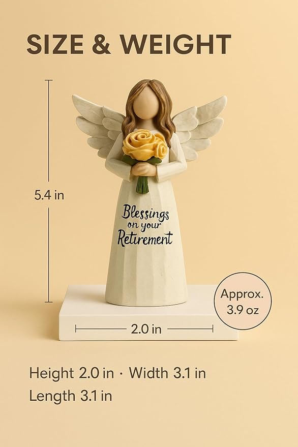 Retirement Angel Figurine, Hand-Painted Resin Keepsake with Yellow Rose – “Blessings on Your Retire ment” Figure, 5.4" Desk Mantel Décor Thoughtful Gift for Coworker Teacher Nurse Women (Retirement)