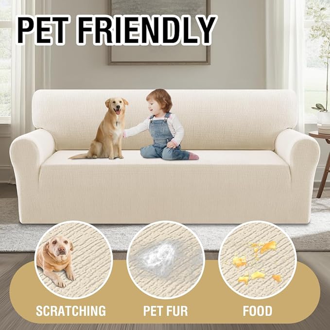 H.VERSAILTEX Jacquard Sofa Slipcover with Waterproof Seat Furniture Protector 1 Piece Stretch Sofa Covers with Elastic Bottom for Kids, Pets, Dog(Sofa L, Ivory)