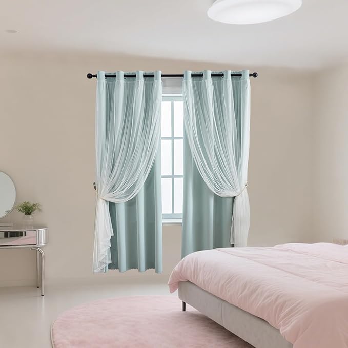 Anytime Home Curtains Blackout and Sheer Layered Solid Window Curtain Panel Pair with Grommet Top, 52Wx72L,Light Blue
