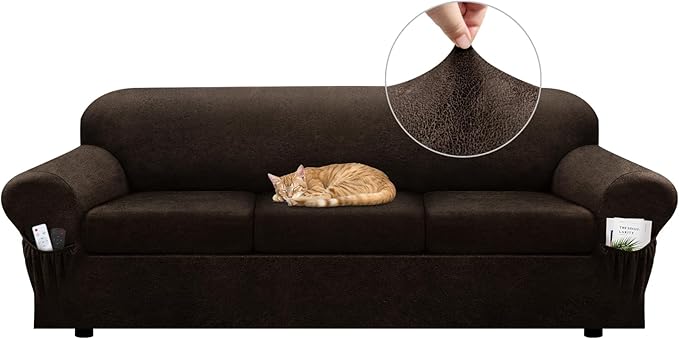 Sofa Slipcover with Armrest Pockets 4-Piece Set, Stretch Faux Leather Extra Large Couch Covers for 3-Cushion Couches(Fits 98-112") - Machine Washable, Pet & Kid Friendly - Dark Brown