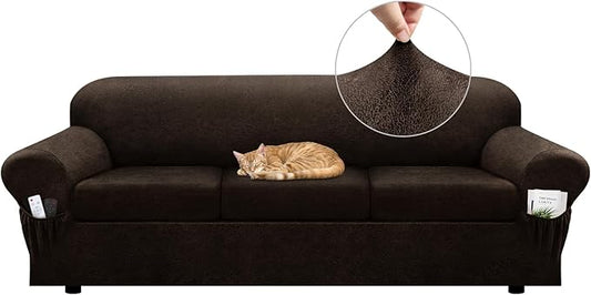 Sofa Slipcover with Armrest Pockets 4-Piece Set, Stretch Faux Leather Extra Large Couch Covers for 3-Cushion Couches(Fits 98-112") - Machine Washable, Pet & Kid Friendly - Dark Brown