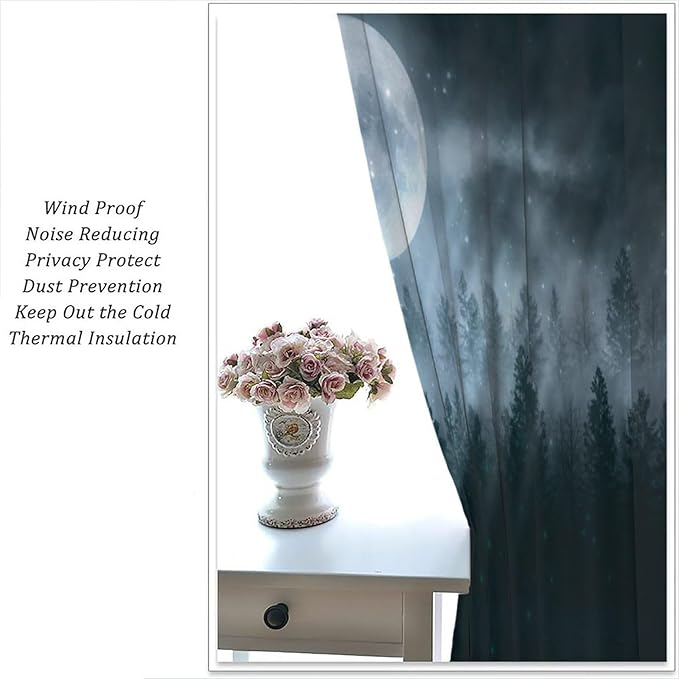 Gothic Forest Moon Blackout Curtains, Black Tree Foggy Moon Star Halloween Nature Starry Horror Window Drapes, for Living Room Bedroom 42(W)*84(L) 2 Panels