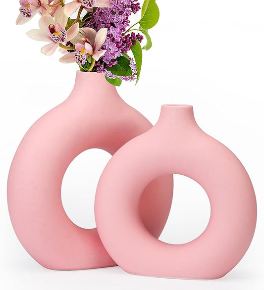 2-Pack Light Pink Ceramic Vase for Modern Home Decor, Round Matte Pampas Flower Vases Minimalist Nordic Boho Ins Style for Wedding Dinner Table Party Living Room Office Bedroom, Vase Decorative