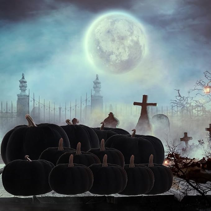 12 Pcs Autumn Artificial Velvet Pumpkins Set Halloween Faux Kitchen Cloth Fall Harvest Foam Farmhouse Porch Table Wedding Decorative Black