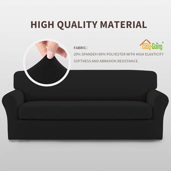 Easy-Going 2 Pieces Microfiber Stretch Sofa Slipcover – Spandex Soft Fitted Sofa Couch Cover, Washable Furniture Protector with Elastic Bottom Kids,Pet (Oversized Sofa, Black)