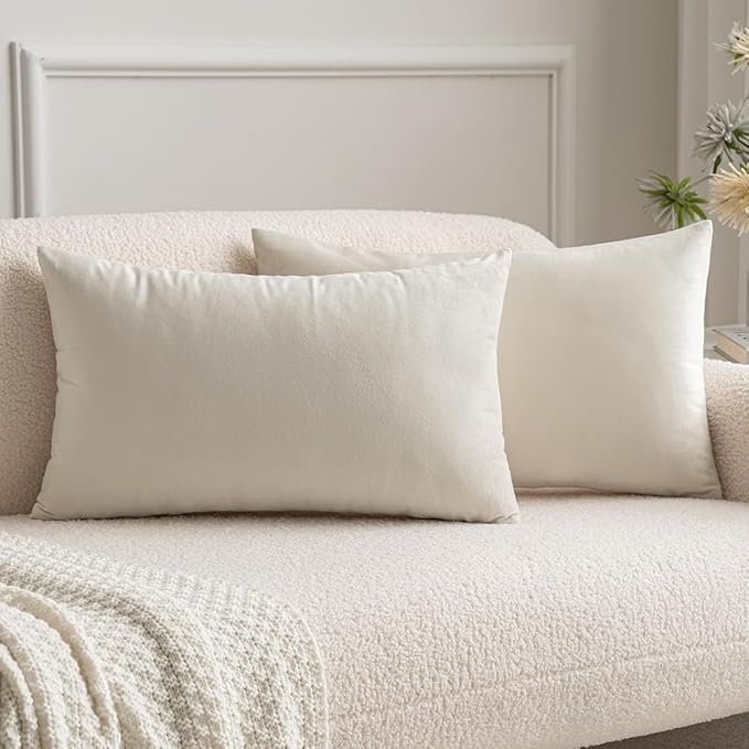 MIULEE Pack of 2 Velvet Soft Solid Decorative Square Throw Pillow Covers Set Christmas Cushion Case for Spring Couch Sofa Bedroom Car 12x20 Inch 30x50 cm Cream White