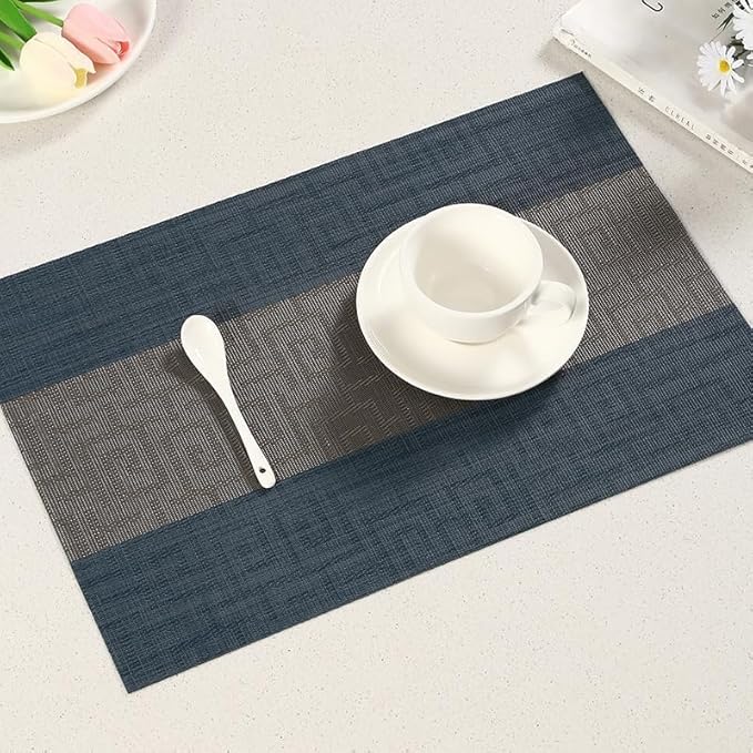 FAVE Placemats Set of 4 Indigo Blue Woven Placemats Durable and Wipeable Vinyl Placemats Heat Resistant Table Mats Set of 4 High Texture Place Mats for Kitchen Table (Indigo Blue, 12"x18"-4PCS)