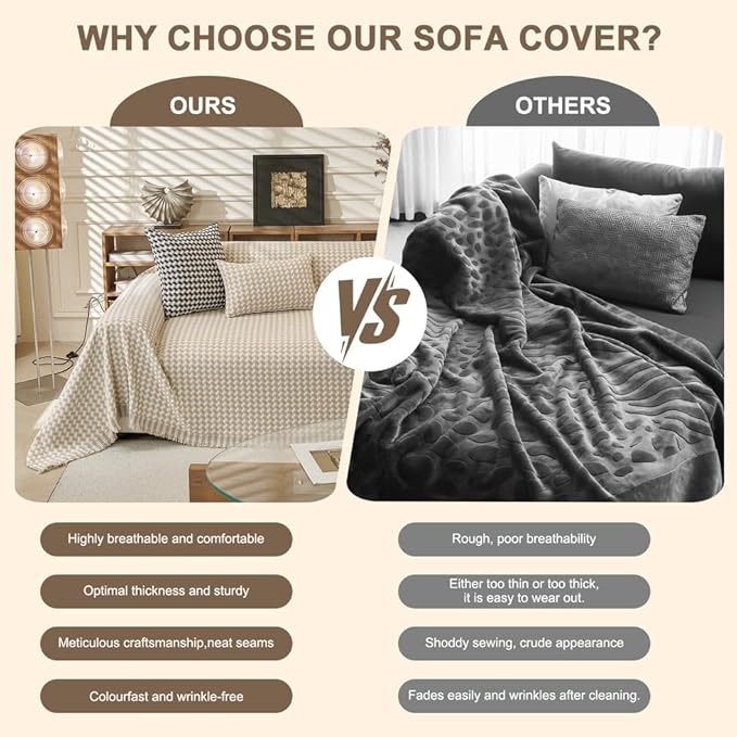 ROOMLIFE Thicked Checkered Boho Khaki Couch Cover for 2-3 Cushion Sofa, Chenille Sofa Slipcovers Sectional Sofas Covers for Dog, Non Slip Washable Furniture Protector Soft with Tassel 71''X150''