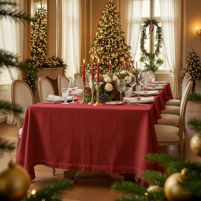 D'Moksha Homes Red Linen Tablecloth for Rectangle Tables 60 x 84 Inch - Classic Hemstitch 100% Pure Linen Red Table Cloth - Machine Washable Dining Tablecloth for Thanksgiving, Christmas, Holiday