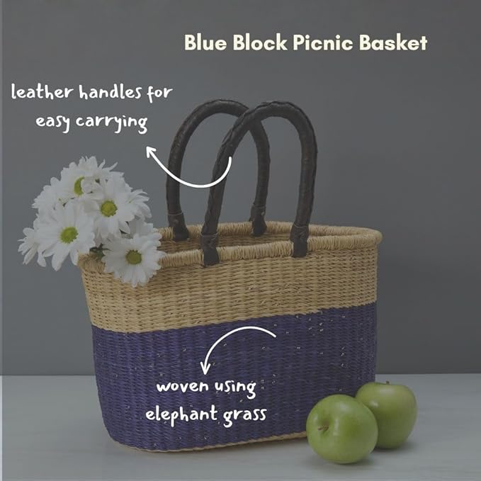 Blue Block Picnic Basket, Reusable Grocery Bag, Farmers Market Tote, Shopping, Fruit Picking, Harvesting, Foraging, Kitchen Countertop, Decorative, Wicker, Woven