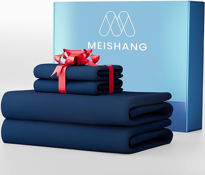 MEISHANG 1000 Thread Count Cotton Sheets Queen Size - 100% Egyptian Cotton, Sateen Weave, Soft & Breathable, Oeko-Tex Certified, 16" Deep Pockets - 4 Piece (Queen, Navy)