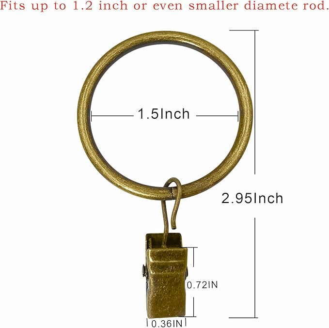 40 Pack Metal Curtain Rings with Clips, Drapery Clips with Rings, Curtain Rod Clips Hooks, Decorative Windows Hanging Curtain Hangers, 1.5 Inch Interior Diameter, Bronze