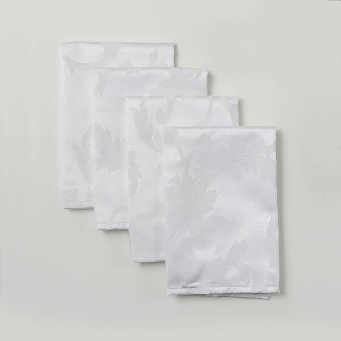 Benson Mills Harmony Scroll Woven Damask Fabric Set of 4 Napkins, Everyday, Parties, Special Occasions, Weddings and Holiday Cloth Napkin (18" x 18" Napkins, White)