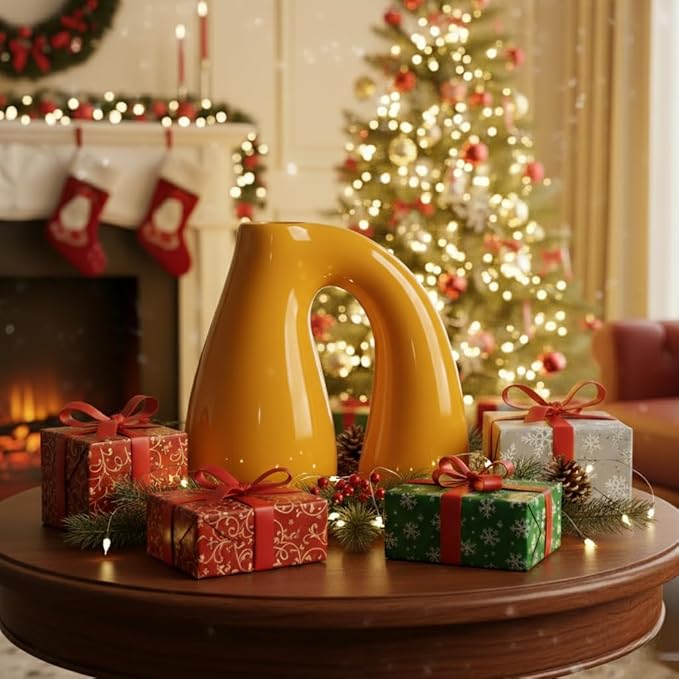Yellow Ceramic Decorative Pitcher Vase, 7.5 in – Glossy Sculptural Arch-Handle, Modern Home Décor Accent for Fresh or Dried Floral Arrangements, Table/Shelf/Entryway, Giftable