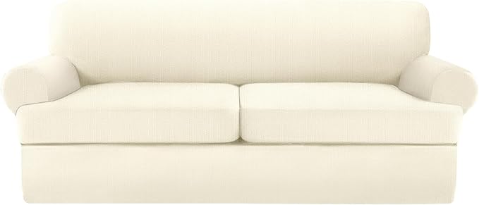 JconesT Cushion Sofa Slipcover 3 Pieces Sofa Covers for T Cushion Couch Soft Couch Covers Sofa Slip Cover Furniture Covers with 2 Individual T Shape Seat Covers (Light Yellow, 2 Cushions)