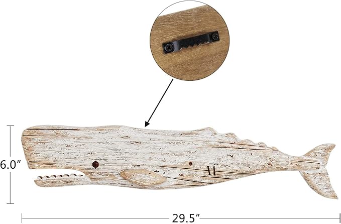 Linfevisi Rustic Nautical Decor Wooden Whale Hanging Wall Decor Wood Whale Decorations Beach Art Ornament Whale Sea Theme Home Decoration Wood Sculpture Whale 29.5" L