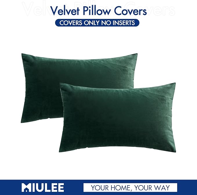 MIULEE Pack of 2 Velvet Soft Solid Christmas Decorative Lumbar Rectangle Throw Pillow Covers Cushion Case Home Decor for Couch Sofa Bedroom Car 12x20 Inch Army Green