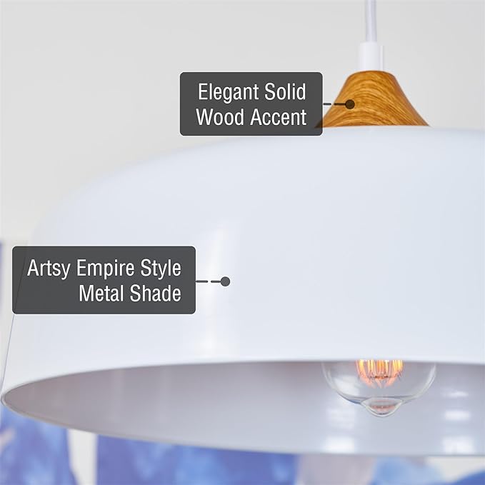 Kira Home Riley 16" Retro Modern Pendant Light + White Metal Shade, Adjustable Hanging Height, Wood Finish Accent