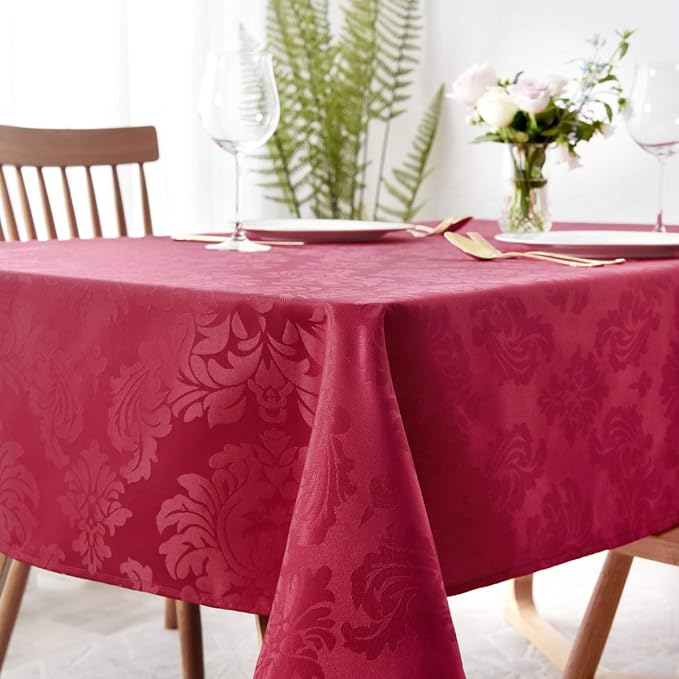 maxmill Square Table Cloth Damask Design Water Proof Wrinkle Free Heavy Weight Soft Tablecloth Decorative Fabric Table Cover for Outdoor and Indoor Use Square 60 x 60 Inch Ruby Red