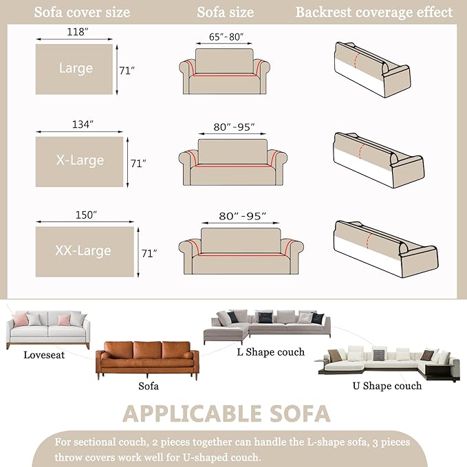 DREAMINGO Beige Couch Cover - Damask Jacquard Edge, Solid Color Modern Texture Sofa Covers for 3 Cushion Couch, Thick Chenille Sofa Slipcovers for Dogs Washable, X-Large 71"x134"