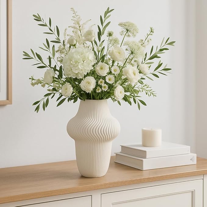 Texture Ceramic Vase for House Decor - 3D Printed Design, Perfect as a Flower Vase for Bedroom, Table, and Office Display - Modern Sculpted Home Accent for Room and Living Room Decor – 10", Ivory