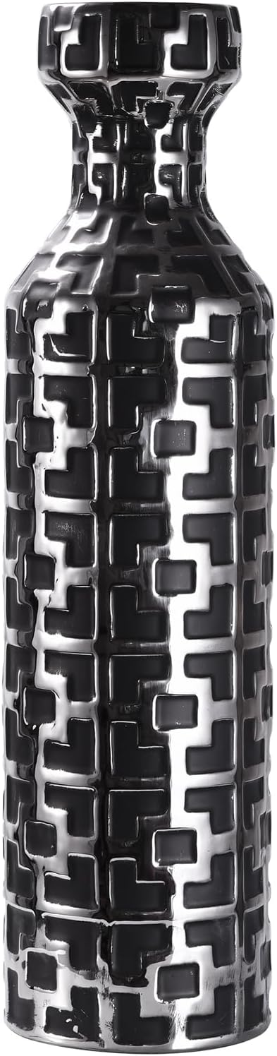 24.4 Inch Tall Floor Vase - Ceramics Black Vases with Silver Geometric Patterns, Large Cylinder Vases, Modern Home Decor for Living Room, Entryway, or Indoor Spaces