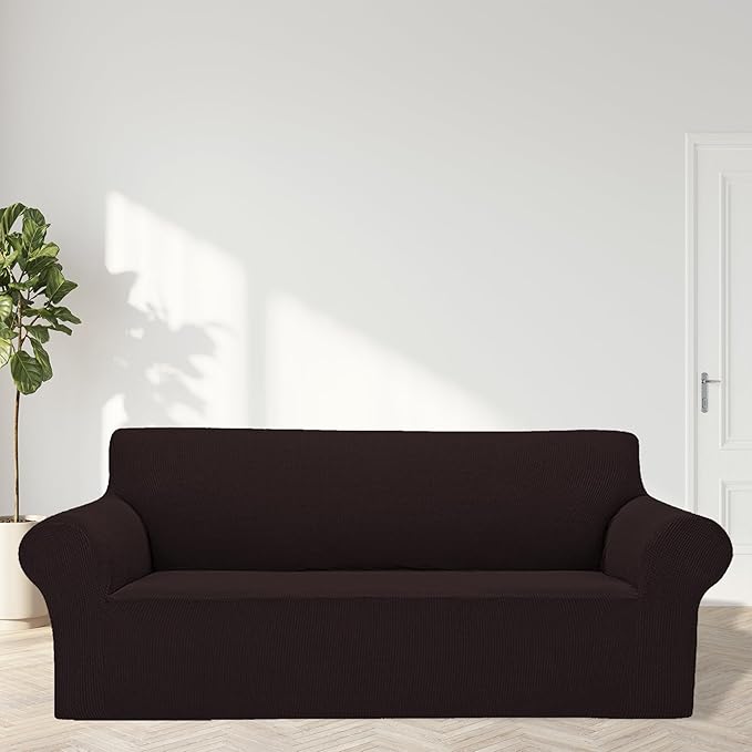 Cupuamon 2025 New Stretch Sofa Slipcovers Couch Cover for 3 Cushion Furniture Protector Sofa Covers with Elastic Bottom Jacquard Fabric Small Checks for Pets, Kids -Sofa, Chocolate