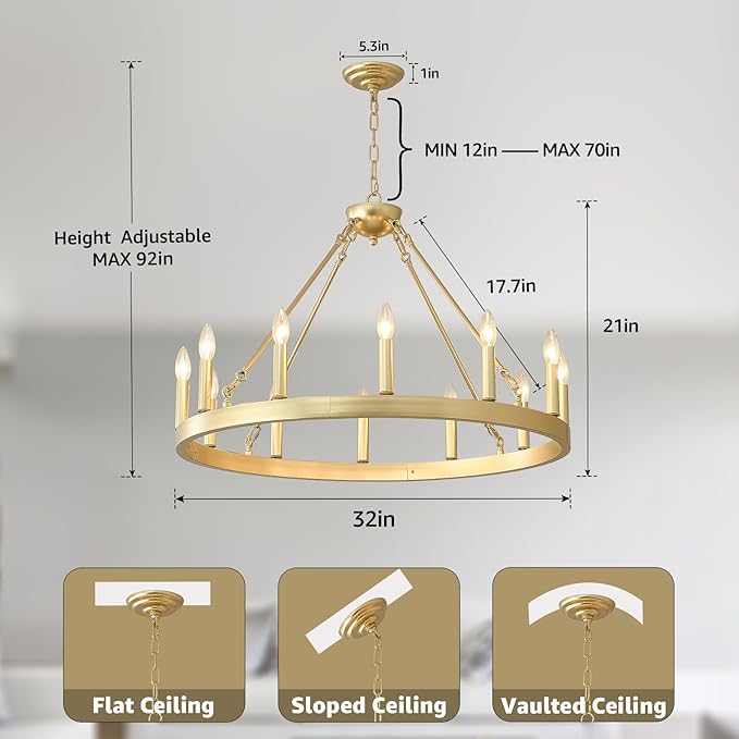 Gold Wagon Wheel Chandelier Farmhouse 32-Inch, 12-Light Modern Gold Chandelier for Dining Room, Round Iron Industrial Chandeliers Light Fixture for Living Room, Foyer, Entryway, E12