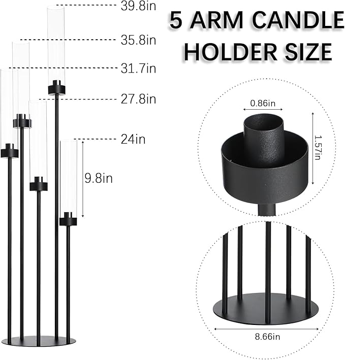 39.8''Matte Black Candle Holder with Acrylic Shades Tall 5 Arm Candelabra Black Table Centerpiece 6PCS for Wedding Living Dining Room Fireplace Decoration Fit 0.98''LED Taper Candle