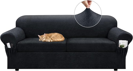 Sofa Slipcover with Armrest Pockets 3-Piece Set, Stretch Faux Leather Couch Cover for 2-Cushion Couches(Fits 72-92") - Non-Slip, Machine Washable, Pet & Kid Friendly - Dark Gray