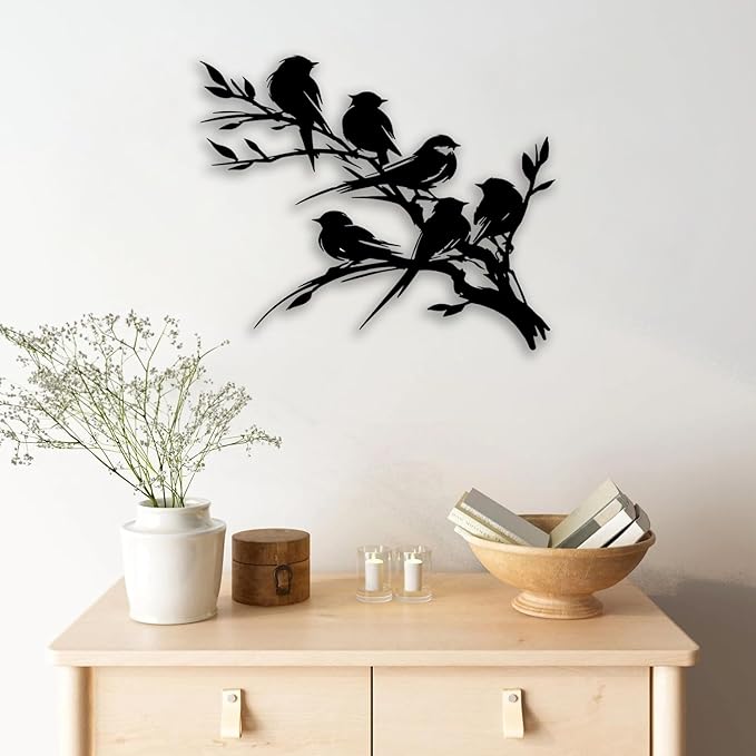 Birds on Branch Tree Metal Wall Decor - Nature Farmhouse Room Decor Wall Art Home Decor for Living Room, Bedroom, Dining Room, Bathroom, Office, Courtyard, Outdoor (Black)