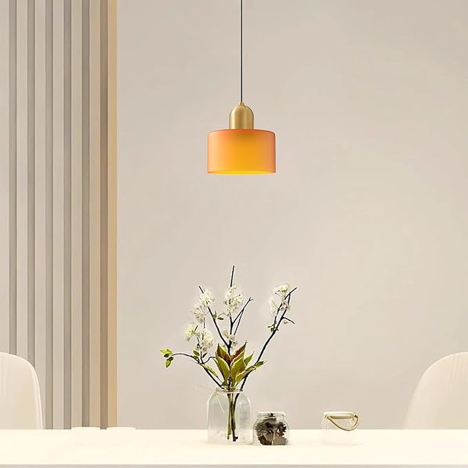 Modern Glass Pendant Light, E26 Hanging Light Fixture with Gold Metal Socket, Adjustable Cord Ceiling Lighting for Kitchen, Dining Room, and Bedroom (Orange)
