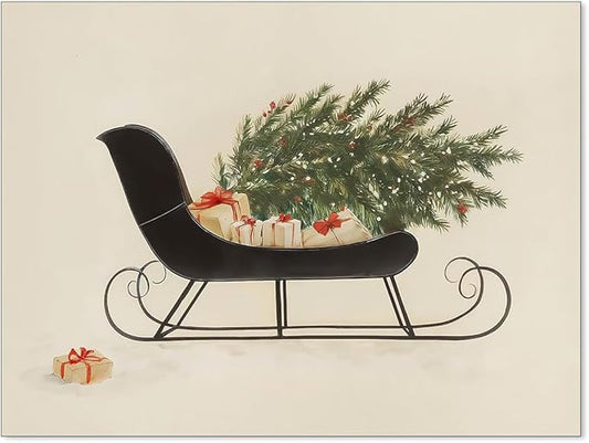 Winter Holiday Sleigh Canvas Wall Art Vintage Christmas Tree Poster Retro Botanical Pine Tree Sketch Painting Prints for Living Room Bedroom Wall Decor 12x16 inch Unframed